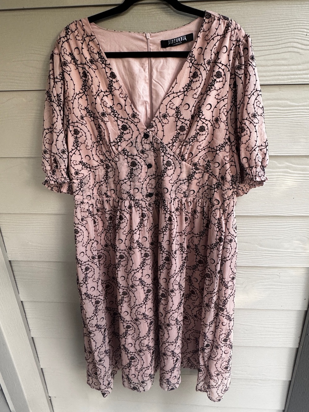 Disturbia Dress Women 16 Pink Black Celestial Floral Goth Witchy Midi